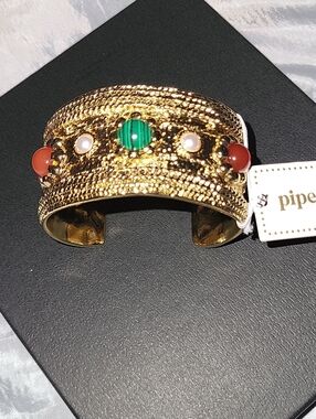 Piper K Gold-Tone Cuff Bracelet RED AGATE, MALACHUTE and Pearl Accents TA